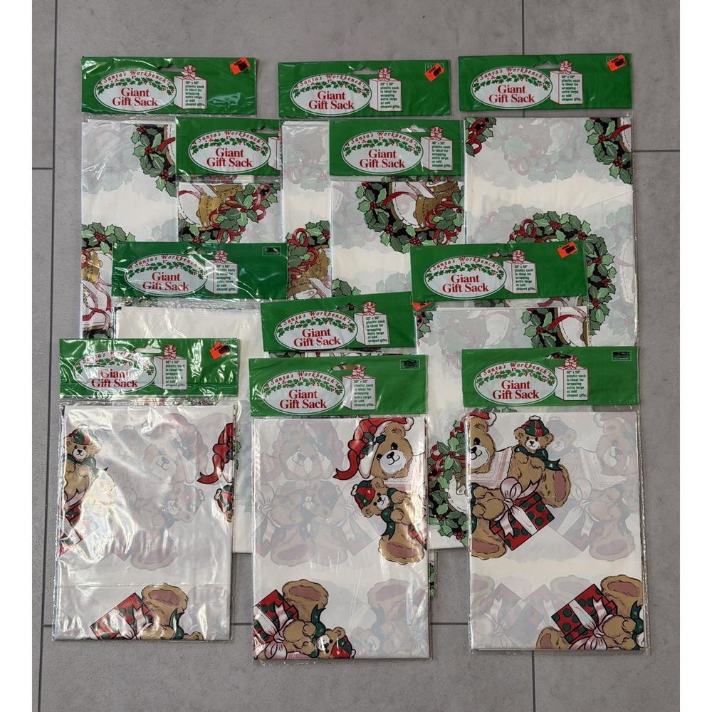 Lot of 11 Giant Christmas Gift Bags- Santa's Workbench- 30" x 50"- Plastic- NOS